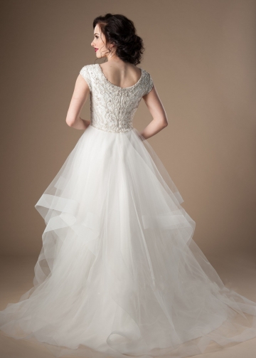 Ruffles Tulle Ivory Wedding Dress with Crystals Cap Sleeves
