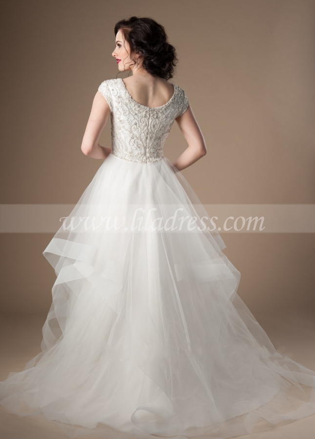 Ruffles Tulle Ivory Wedding Dress with Crystals Cap Sleeves