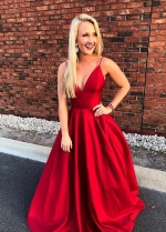 Red Satin V-neckline Simple Prom Gowns with Spaghetti Straps