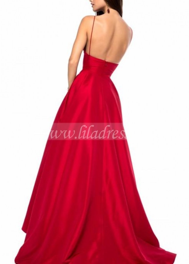 Red Satin V-neckline Simple Prom Gowns with Spaghetti Straps