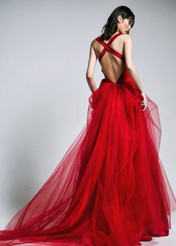 Red A-line Tulle V-neck Long Prom Gowns with Double Bows Sash