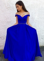 Royal Blue A-line Long Prom Dresses with Beaded Waistband