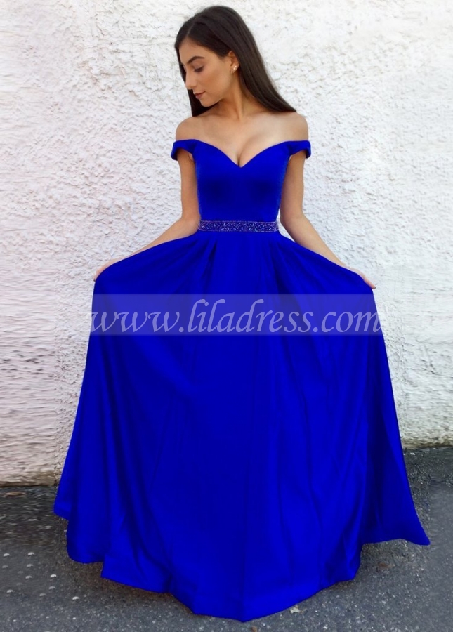 Royal Blue A-line Long Prom Dresses with Beaded Waistband
