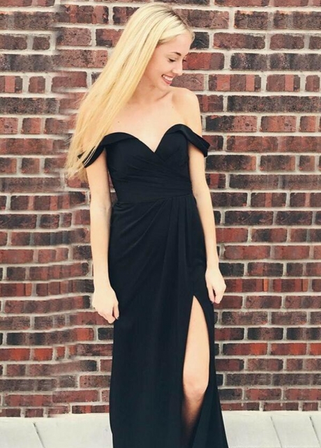 Ruched Sweetheart Slit Side Black Maxi Dresses for Prom