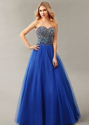 Rhinestones Sweetheart Blue Prom Ball Gown Backless vestido de formatura