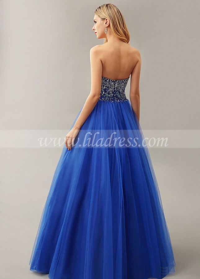Rhinestones Sweetheart Blue Prom Ball Gown Backless vestido de formatura