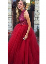Rhinestones Bodice Sleeveless Red Formal Prom Gown with Tulle Skirt