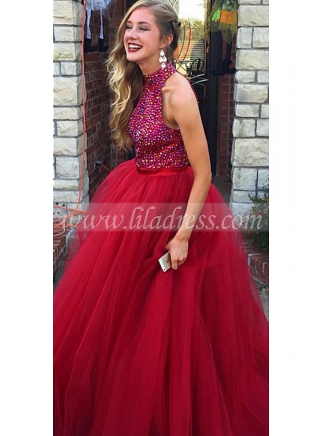 Rhinestones Bodice Sleeveless Red Formal Prom Gown with Tulle Skirt