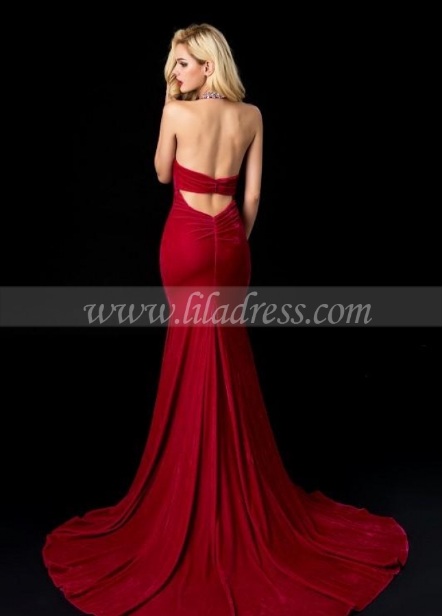 Red Velvet Mermaid Evening Dresses with Jewelry Neck