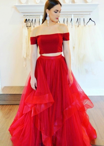 Red Satin Two Piece Prom Gown with Ruffles Horsehair Skirt
