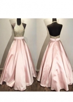 Rhinestones Halter Prom Dress with Satin Skirt