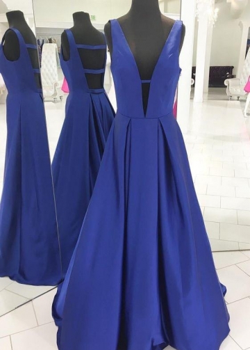Royal Blue Satin Prom Gowns with Deep V-neckline