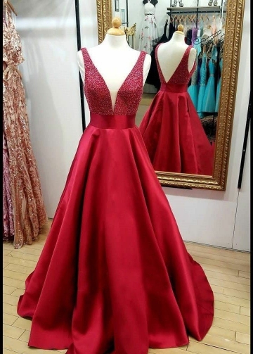 Red Satin Bead Evening Dresses with Plunging V-neckline