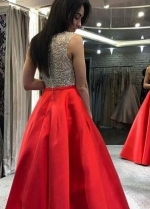 Red Satin Evening Prom Dresses with Sheer Crystals Bead Bodice