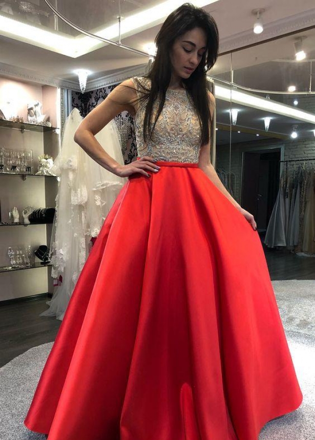 Red Satin Evening Prom Dresses with Sheer Crystals Bead Bodice