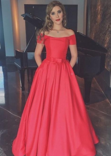 Red Satin Evening Dresses with Off-the-shoulder Sleeves