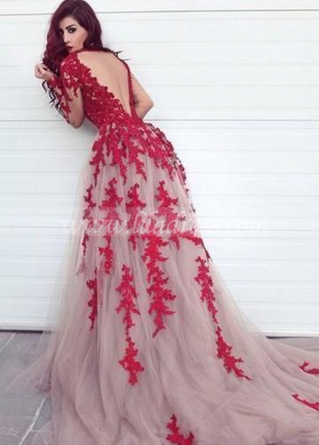 Red Appliques Lace Tulle Evening Dresses Long Sleeves