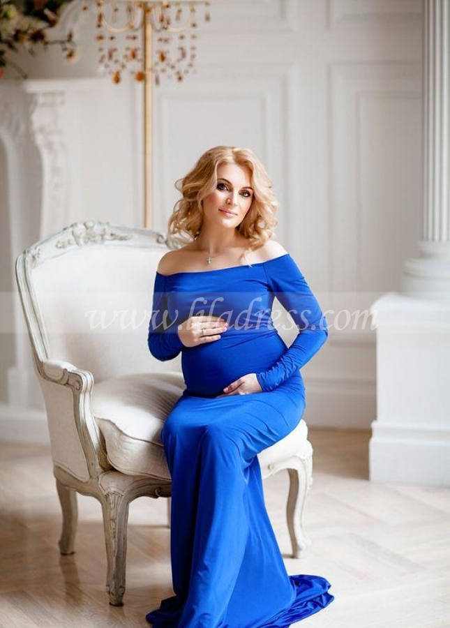 Royal Blue Maternity Photoshoot Dress Long Pregnancy Dresses with Sleeves