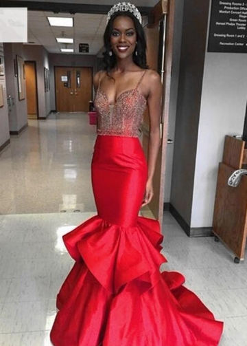 Red Mermaid Prom Pageant Dress with Beaded Bodice