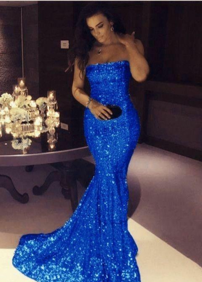 Royal Blue Sequin Mermaid Prom Dresses Strapless Neckline