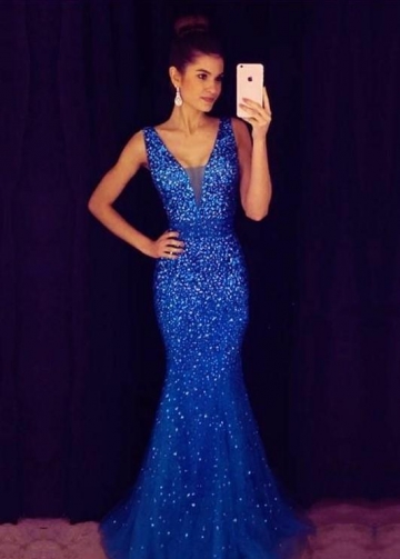Rhinestones Mermaid Evening Prom Gown with Plunging V-neckline