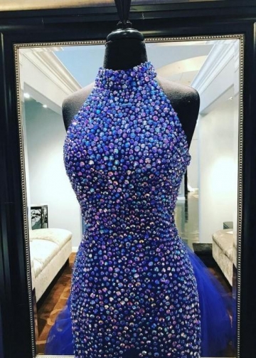 Royal Blue Rhinestones Prom Dress Mermaid Tulle Skirt