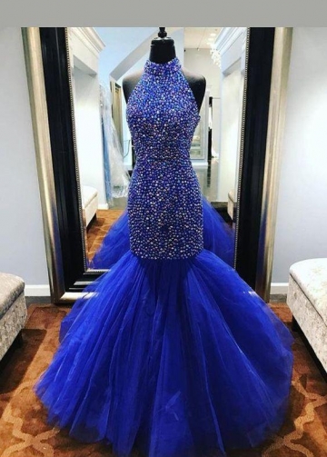 Royal Blue Rhinestones Prom Dress Mermaid Tulle Skirt