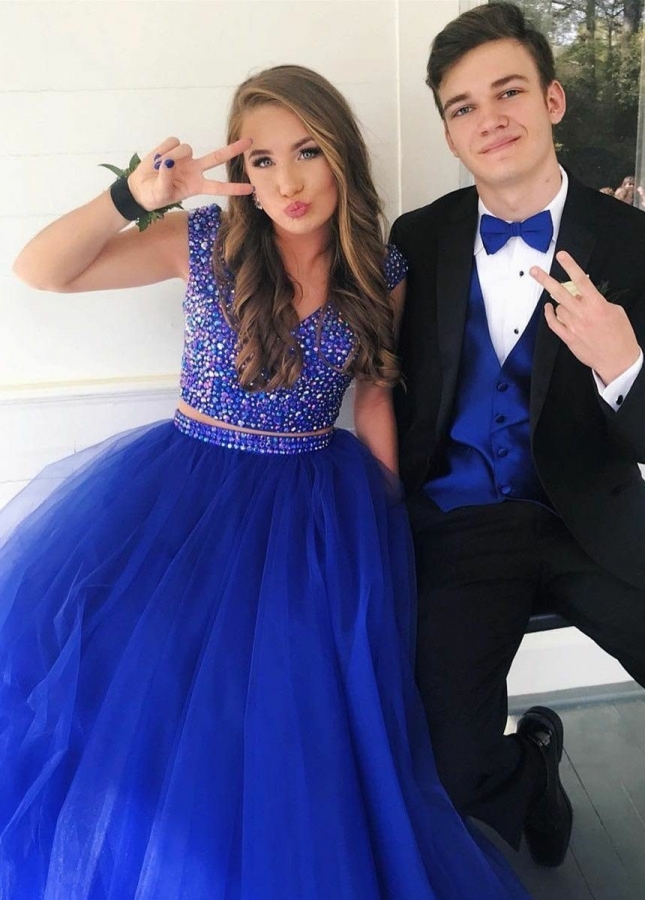 Rhinestones Two-piece Prom Gowns with Royal Blue Tulle Skirt