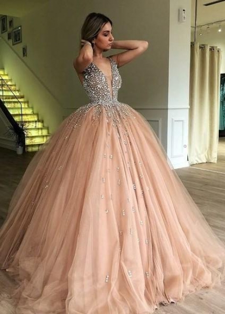 Rhinestones Champagne Ball Gown Prom Dress with Deep V-neckline