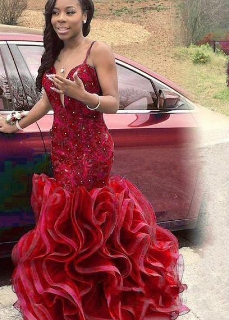 Red Lace Mermaid Style Prom Gown Ruffles Skirt vestido de fiesta de graduación