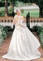 Ruched Strapless Simple Satin Bridal Gowns with Chapel Train