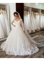 Romantic Lace Wedding Gown Dress with Sheer Long Sleeves