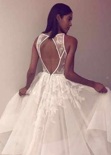 Ruffled 2020 Style Wedding Dress with Lace Illusion Bodice