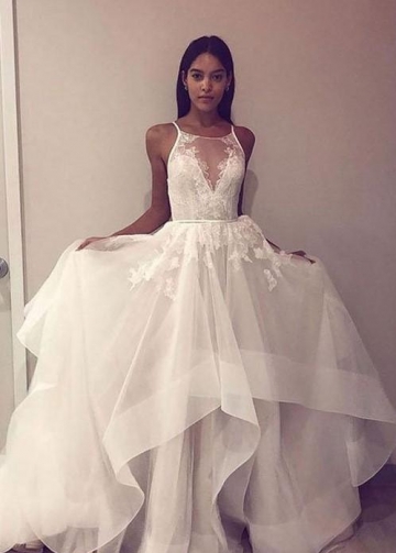 Ruffled 2020 Style Wedding Dress with Lace Illusion Bodice
