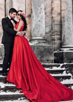 Red Wedding Gown with Jewel Neckline for Wedding PhotoShoot