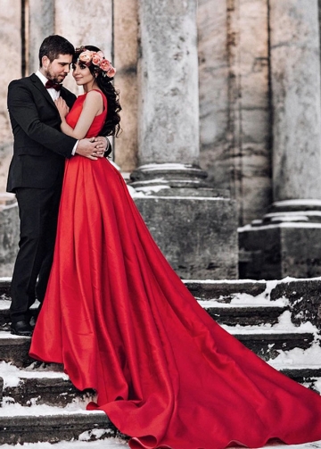 Red Wedding Gown with Jewel Neckline for Wedding PhotoShoot