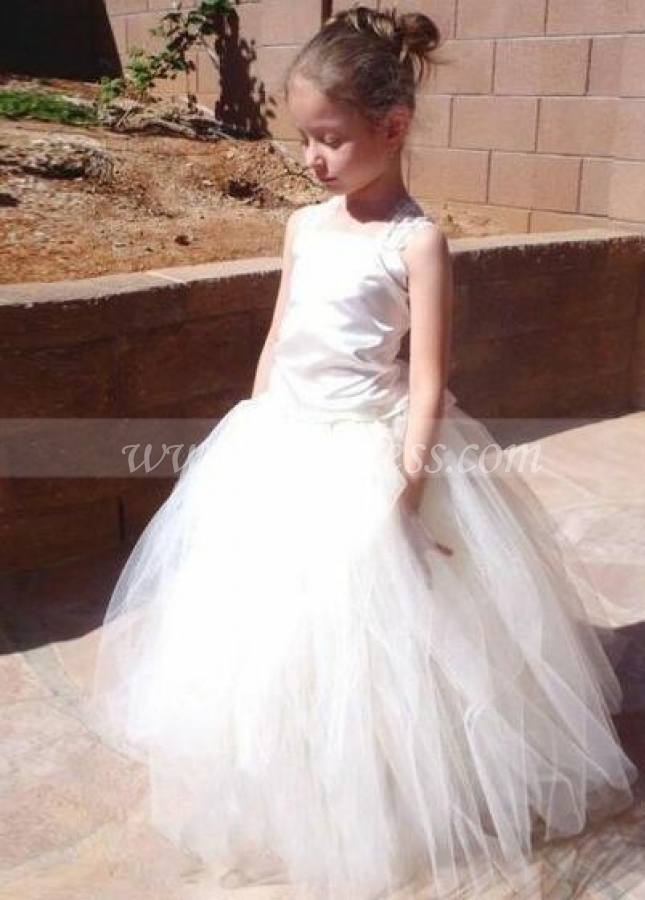 Square Neck Lace Corset Flower Girls Dresses with Puffy Tulle Skirt
