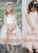 Scoop Neck Ivory Champagne Flower Girl Dress with Tulle Skirt