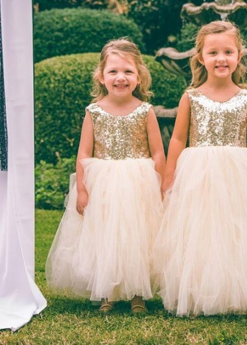 Scoop Neck Gold Sequin Wedding Party Dress for Children