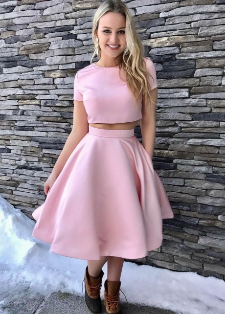 Satin Short Sleeves Pink Homecoming Dresses Two Piece