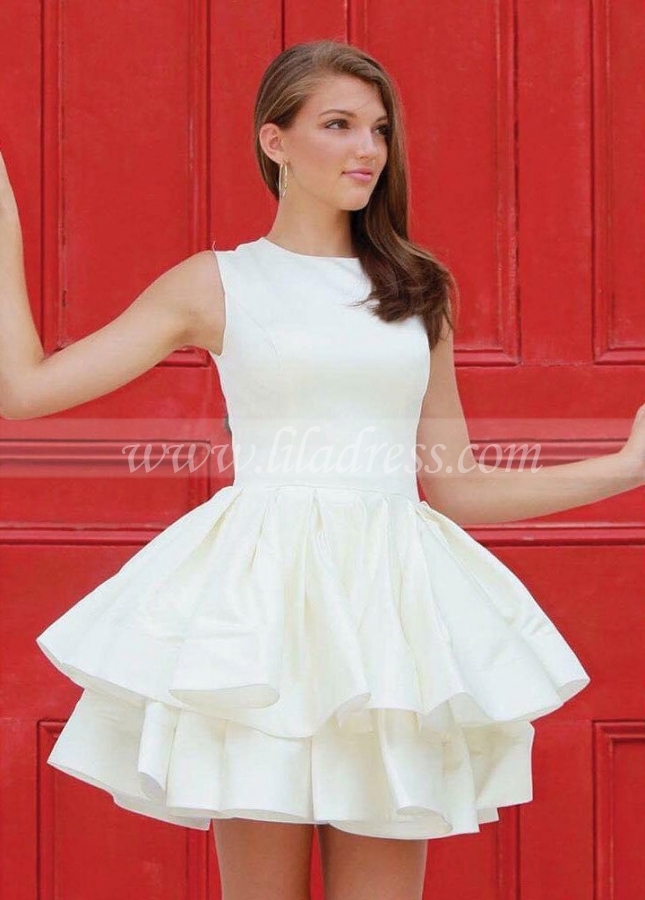 Sleeveless Satin Short Red Homecoming Gowns with Tiered Skirt