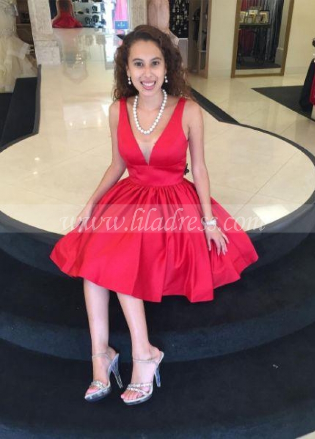 Satin A-line Red Homecoming Dresses with Illusion-inset V-neckline