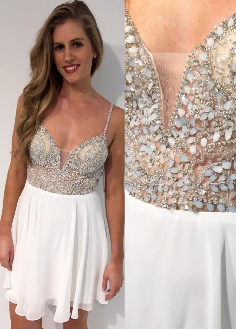 Stones and Beaded Chiffon White Homecoming Party Dresses Short