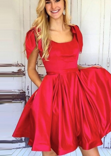 Square Neck Red Homecoming Dresses with Big Bows