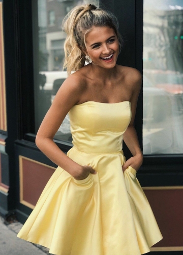 Satin Light Yellow Homecoming Gown with Pockets