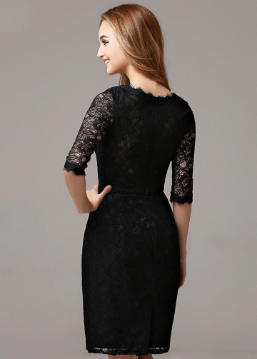 Slim Short Black Lace Cocktail Dress with Half Sleeves Vestido de coctail