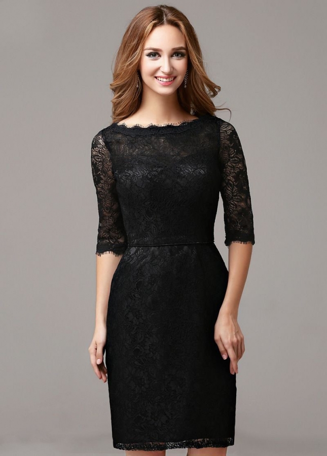 Slim Short Black Lace Cocktail Dress with Half Sleeves Vestido de coctail
