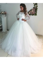 Scalloped Lace Tulle Bridal Dress with Long Sleeves