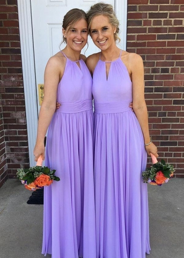 Sleeveless A-line Long Chiffon Lavender Wedding Guest Dress