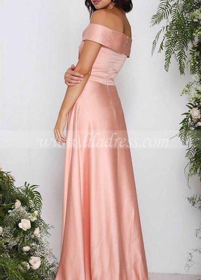 Satin Long Pink Bridesmaid Dress with Off-the-shoulder